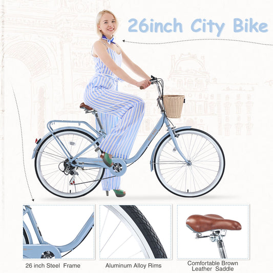 7 Speed City Bike With Basket , Steel Frame,Multiple Colors 26 Inch Girls Bicycle