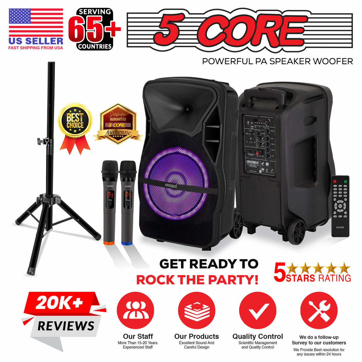 5 Core Party Speaker Portable PA System 2 Wireless Microphone Bluetooth Loud Big Subwoofer Active Powered DJ Karaoke Machine for Studio Indoor Outdoor Use Include Stand - ACTIVE HOME 15 2-MIC