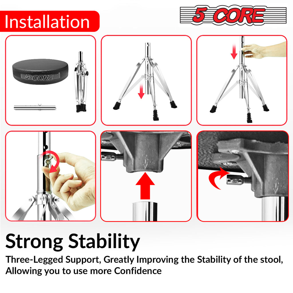 5 CORE Drum Throne Height Adjustable Guitar Stool Thick Padded Memory Foam DJ Chair Seat with Anti Slip Feet Multipurpose Musician Chair for Adults and Kids Drummer Cello Guitar Player - DS CH BLK