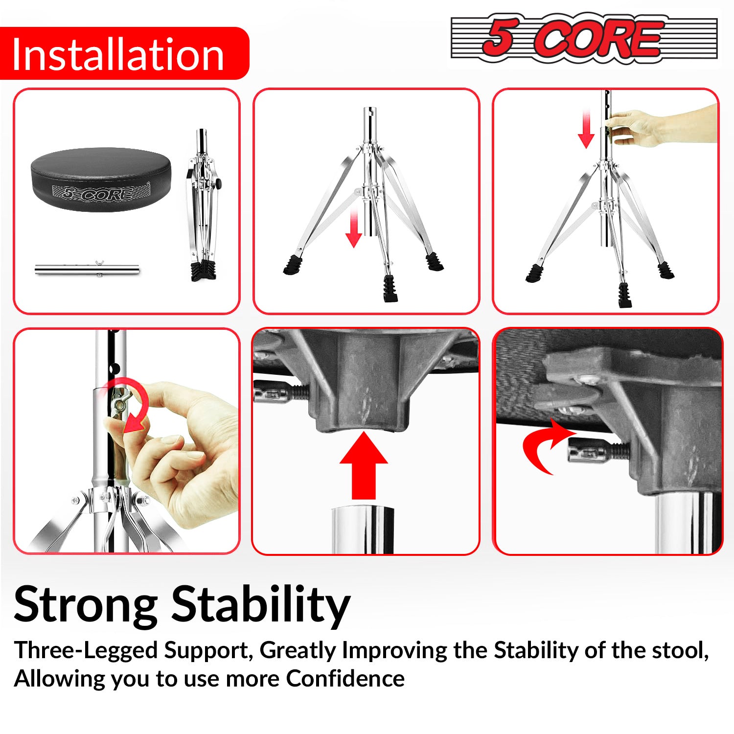5 CORE Drum Throne Height Adjustable Guitar Stool Thick Padded Memory Foam DJ Chair Seat with Anti Slip Feet Multipurpose Musician Chair for Adults and Kids Drummer Cello Guitar Player - DS CH BLK