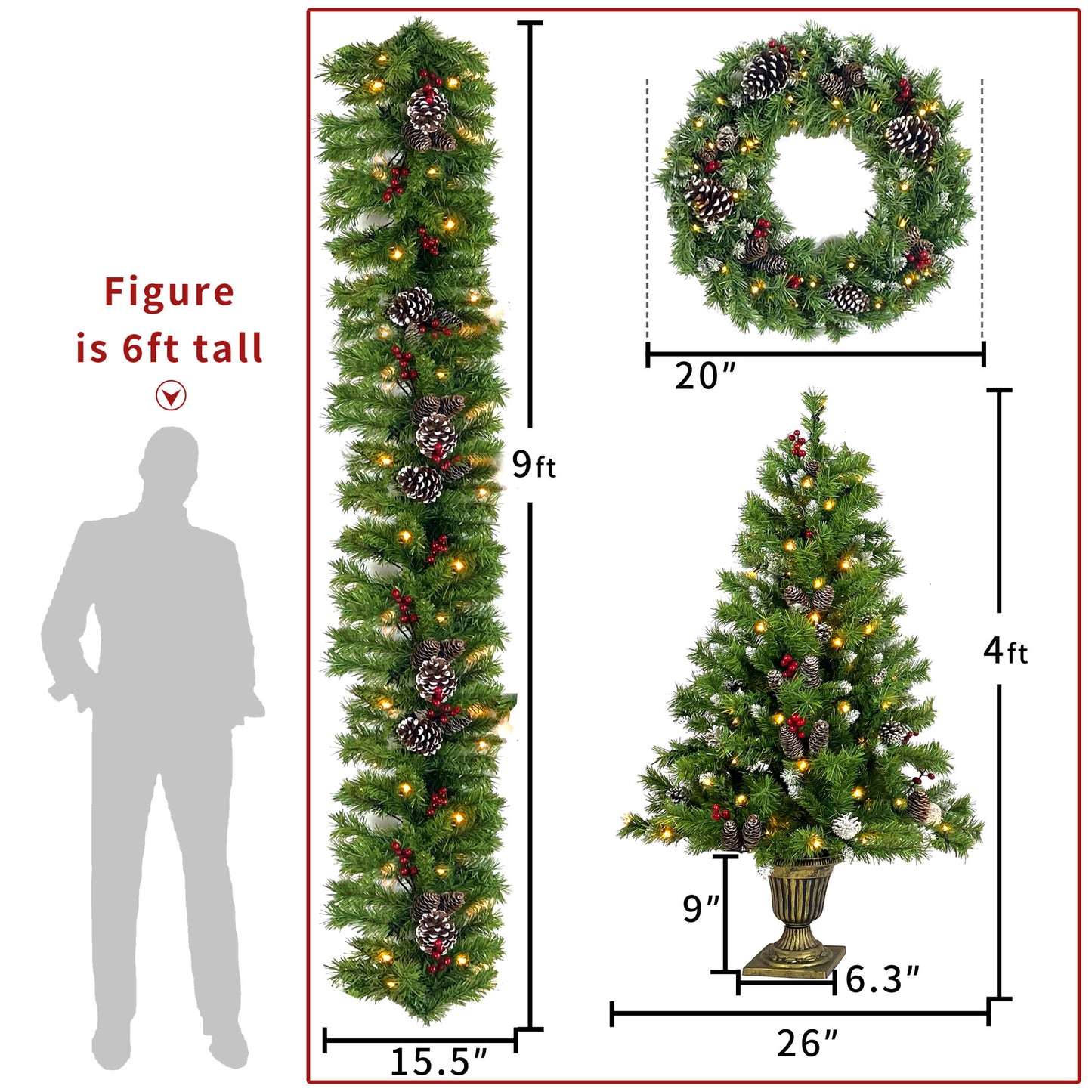 Pre-lit Xmas Tree Artificial Christmas 4-Piece Set,Garland, Wreath and Set of 2 Entrance Trees X-mas