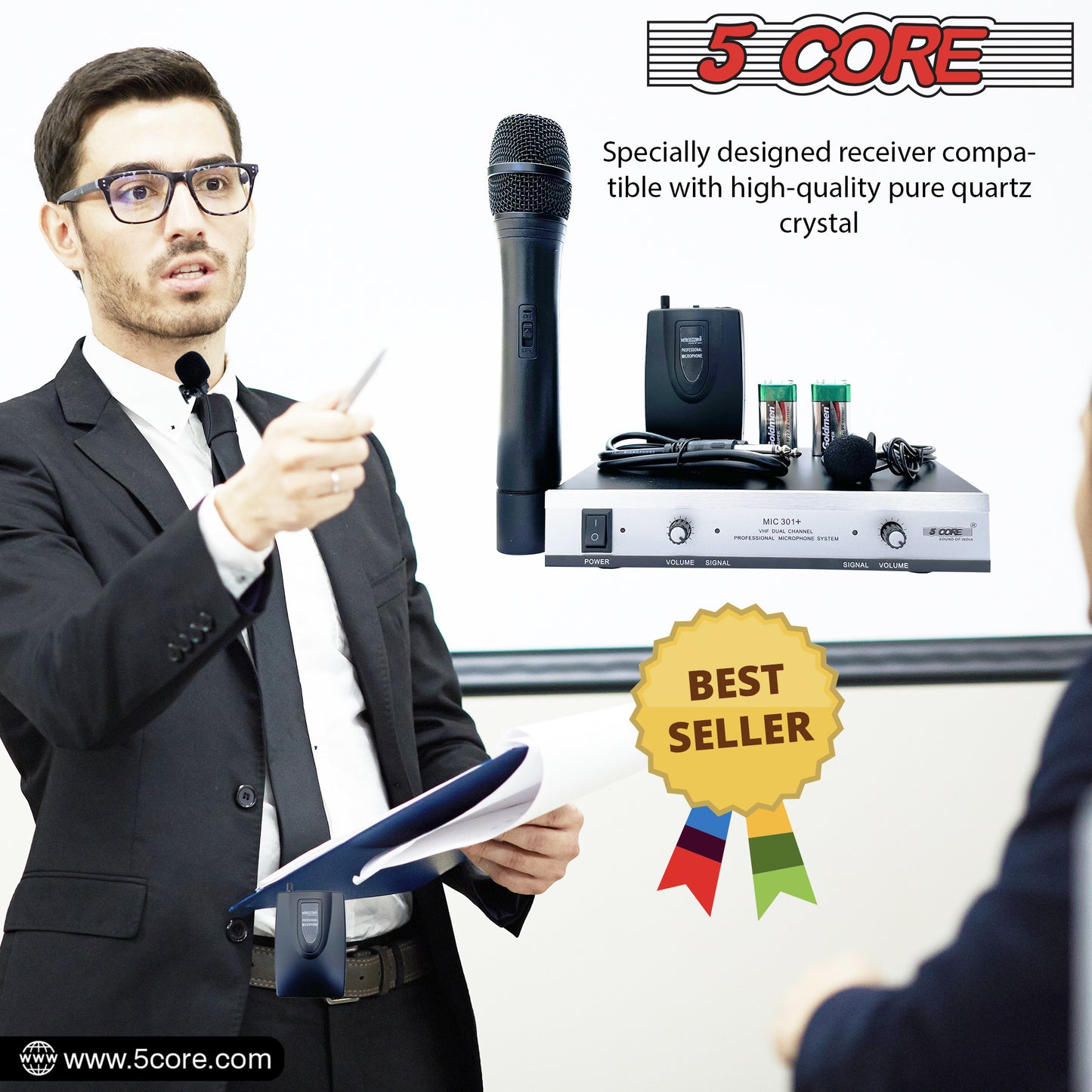 5 Core Wireless Microphone Dual Handheld Mic Cordless Receiver Dj Karaoke Singing Microphones - WM 301 1M1C BLK