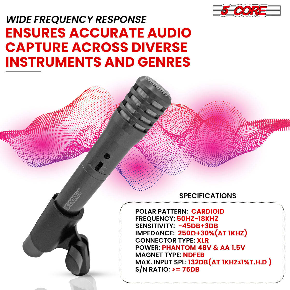 5 Core Instrument Microphone Cardioid Uni Directional Pickup • for Live Performances and Recording - INSTRU MIC 100 GREY