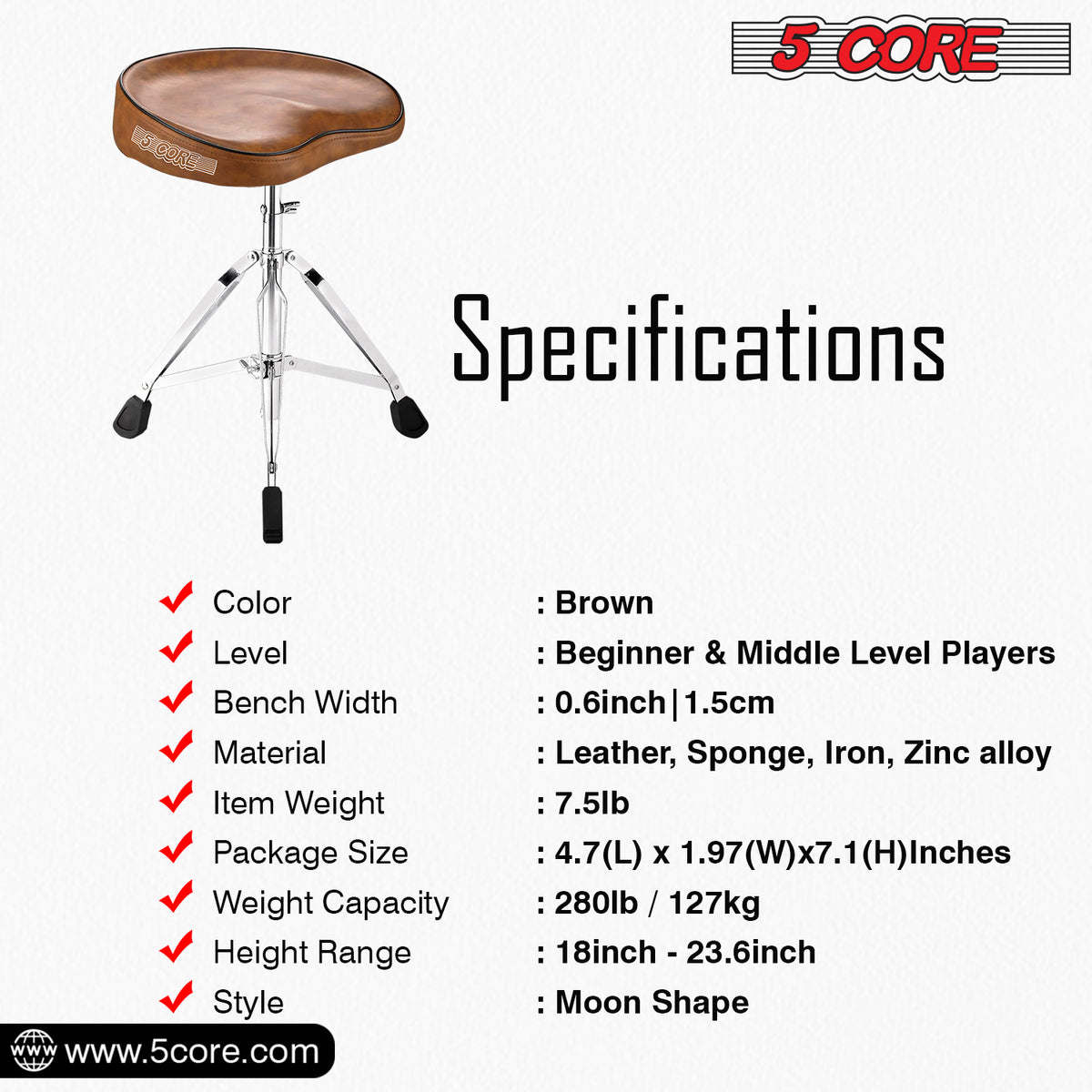 5 Core Drum Throne Saddle Brown| Height Adjustable Padded Drum Seat| Stools Chair Style with Double Braced Anti-Slip Feet, Comfortable Seat for Drummers, Guitar Players- DS CH BR SDL