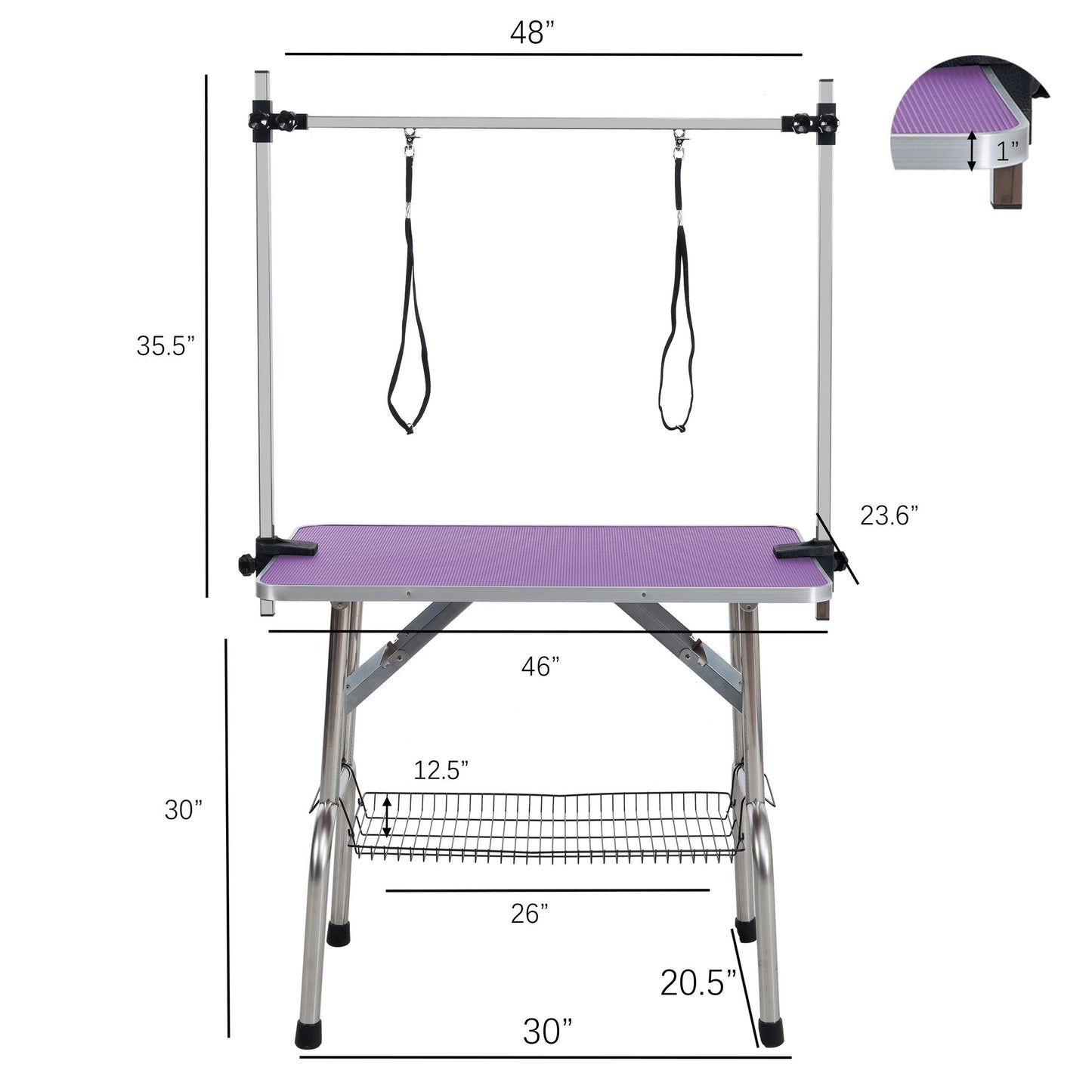 46" Folding Dog Pet Grooming Table Stainless Steel Frame Rubber Mat on Board with Adjustable Arm and Clamps pet dog Cat Grooming Table (PURPLE COLOR)