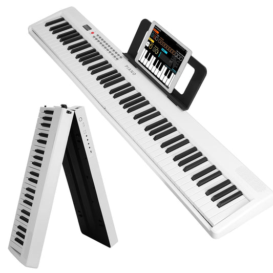 Folding Piano Keyboard 88 Keys Rechargeable Full Size Semi Weighted Piano Digital Electronic Piano with LCD Screen Carry Bag Mic Sheet Music Stand Sticker for Beginners Kids