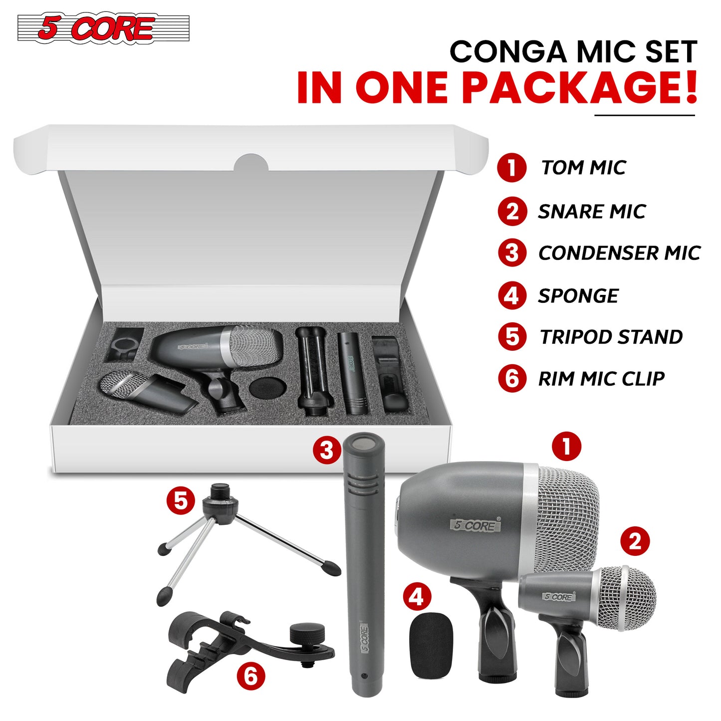 5 Core Conga Mic Snare Tom Cardioid Dynamic Microphone for Drummer Precision Instrument Sound Pickup - CONGO 2 GREY & CONGO 3 GREY