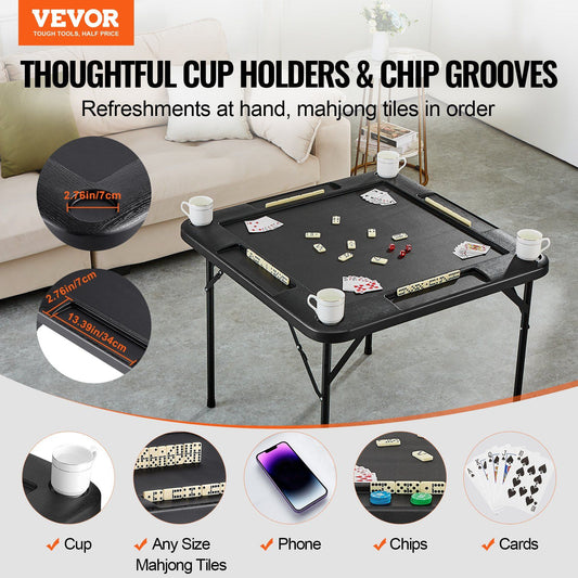 VEVOR Mahjong Table 4 Player Folding Card Table & 4 Cup Holders Chip Trays Black