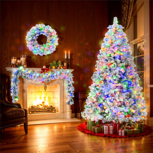 6FT Snow Flocked Christmas Tree, Pre-Lit Set with Tree & Garland & Wreath