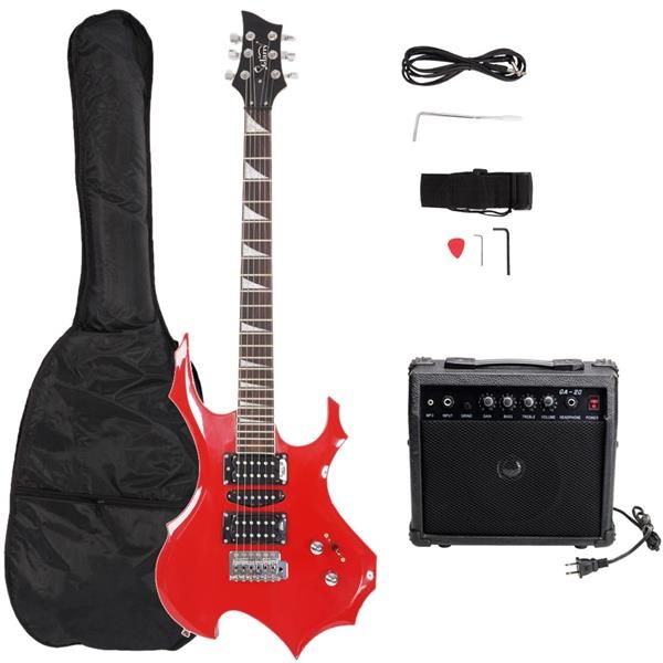 Glarry Flame Shaped Electric Guitar with 20W Electric Guitar Sound HSH Pickup Novice Guitar Audio Bag Strap Picks Shake Cable Wrench Tool Red