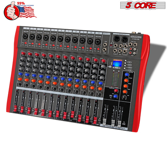 5 Core Audio Mixer 12 Channel DJ Mixing Board Professional Bluetooth USB Analog Mezclador De Audio w Phantom Power Rackmount Console for Live Recording Podcast Karaoke - MX 12CH