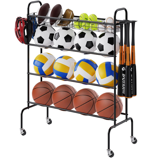 VEVOR Basketball Rack, 4-Layers Rolling Basketball Shooting Training Stand, Sports Equipment Storage Organizer with Wheels, Hooks and Baskets, Garage Ball Storage Holder for Football Soccer Volleyball