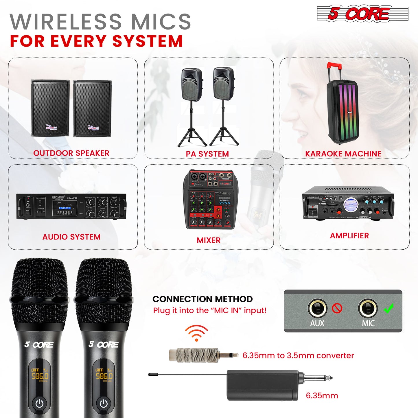 5 Core Wireless Microphones Pair UHF Professional Handheld Microfonos Inalambricos Dual Cordless Mic System for Karaoke Singing Wedding DJ Party Speech Church - WM UHF 02