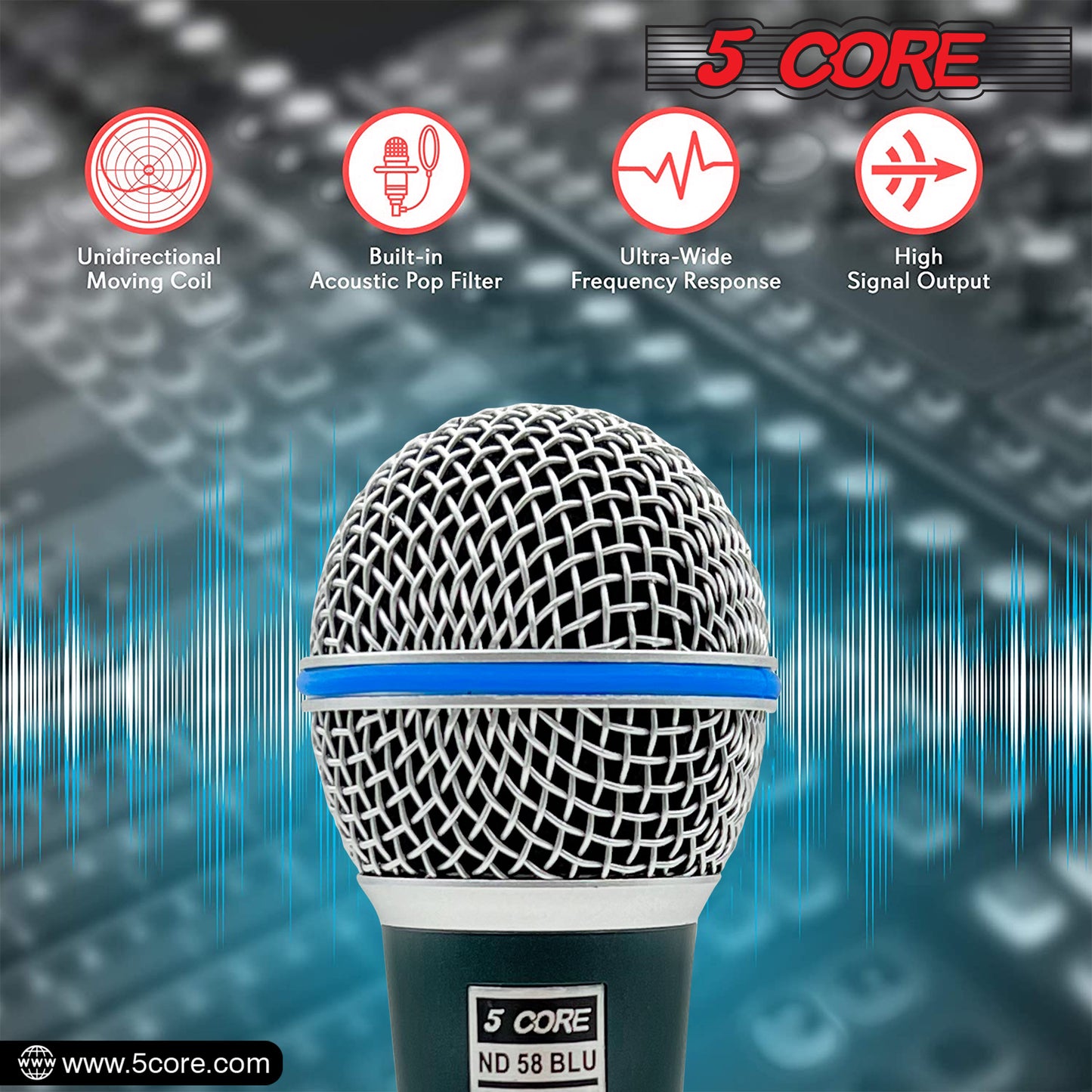 5 Core Professional Dynamic Vocal Microphone Neodymium Cardioid Unidirectional Handheld Mic for Speakers Karaoke W/Steel Mesh Grille Metal Body ON/Off Switch 16ft Detachable Cable+ Clip+Bag- ND58 BLU