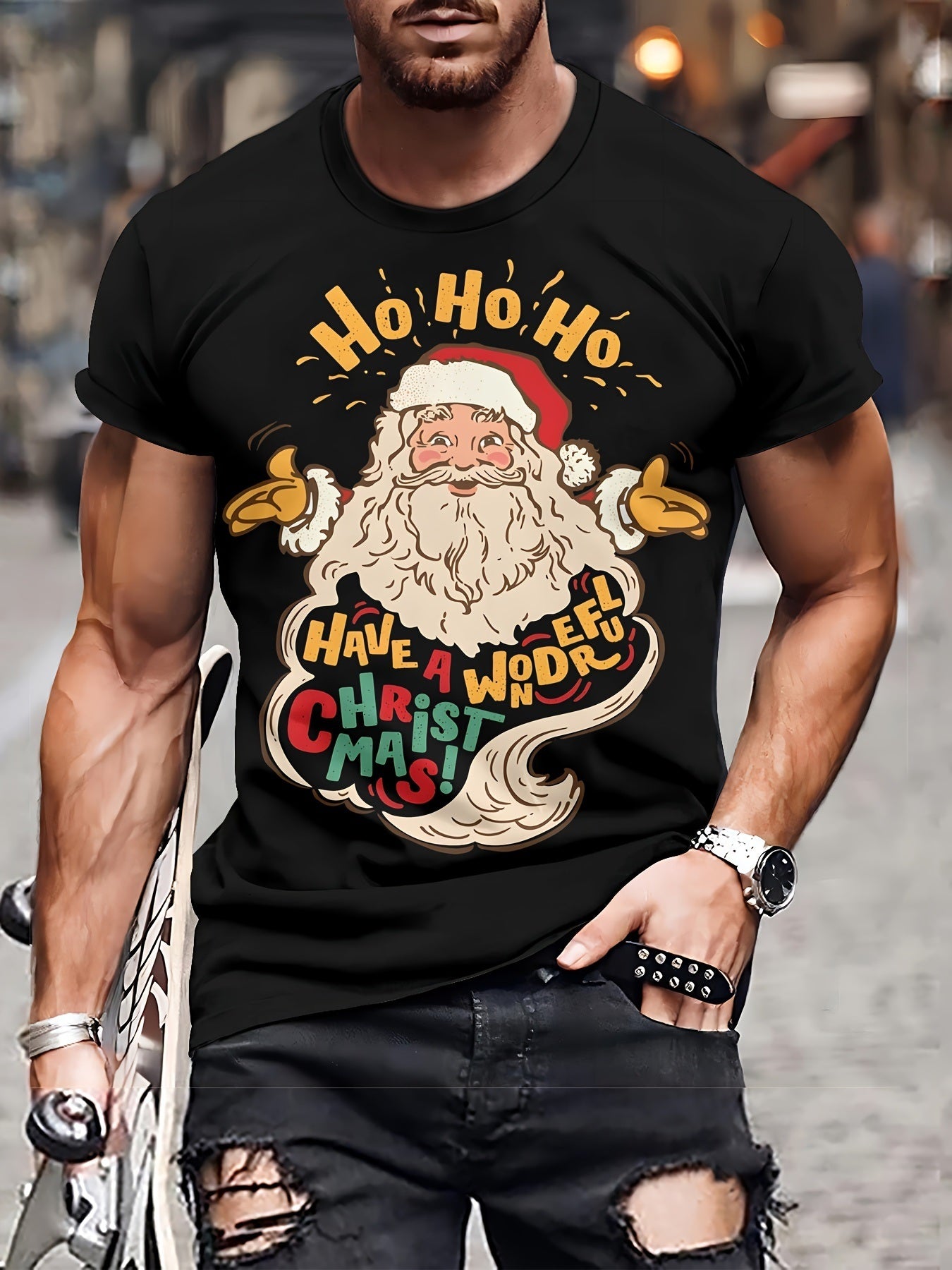 Men's Casual 3D Santa Claus Printed T-shirt - Made Of Polyester Knitted Fabric, Round Neck, Fitted Style, And Innovative Festive Christmas Clothing