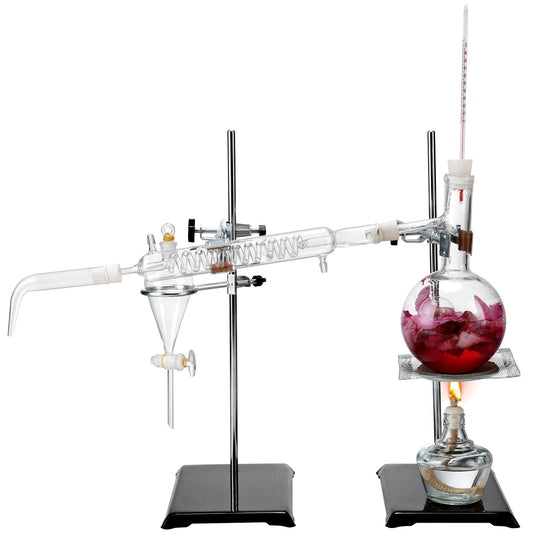 VEVOR Essential Oil Distillation Kit, 500ml Distillation Apparatus, 3.3 Boro Lab Glassware Distillation Kit with Alcohol Lamp, Ceramic Mesh and 24, 40 Joint, 28 pcs Set