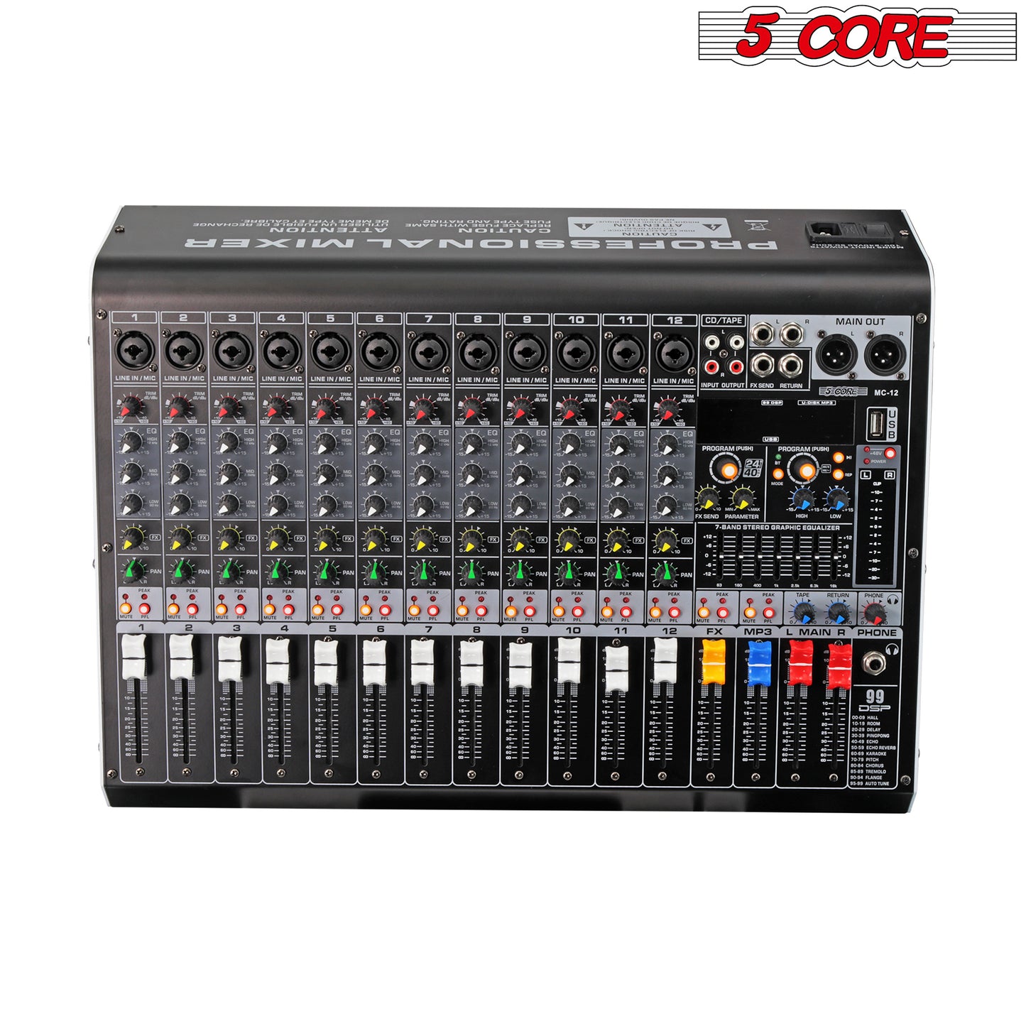 5 Core Audio Mixer 12 Channel DJ Equipment Digital Sound Board Karaoke XLR Mixers Professional Bluetooth USB Interface w Effects for Recording Music Studio PC Podcast Instrument Consola DJ - MX 12CH L