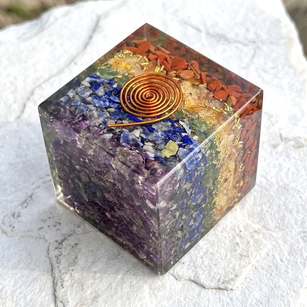 Large 7-Stone Crystal Resin Orgone Cube Reiki Chakra Carving Amazing Crystals