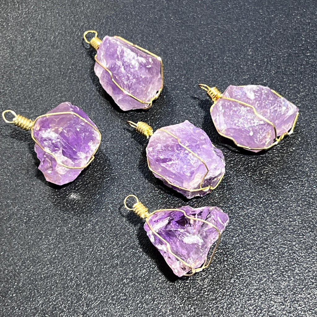 Amethyst Crystal Raw Pendant (Gold Plated Wire Wrapped) Rough Jewelry Necklace Supply Amazing Crystals