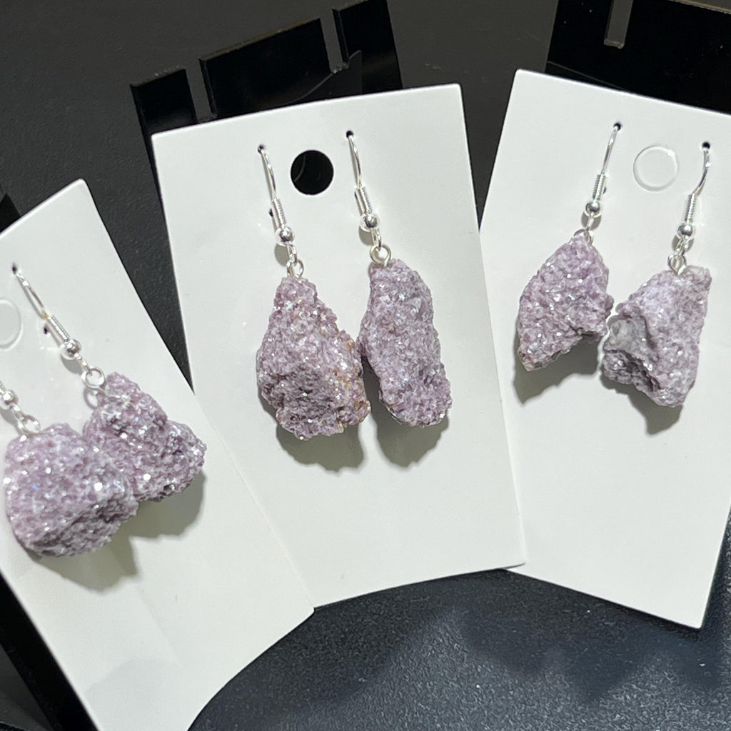 Lilac Lepidolite Raw Crystal Earrings Pair (Stainless Steel Silver Hooks) Rough Gemstone Jewelry Amazing Crystals