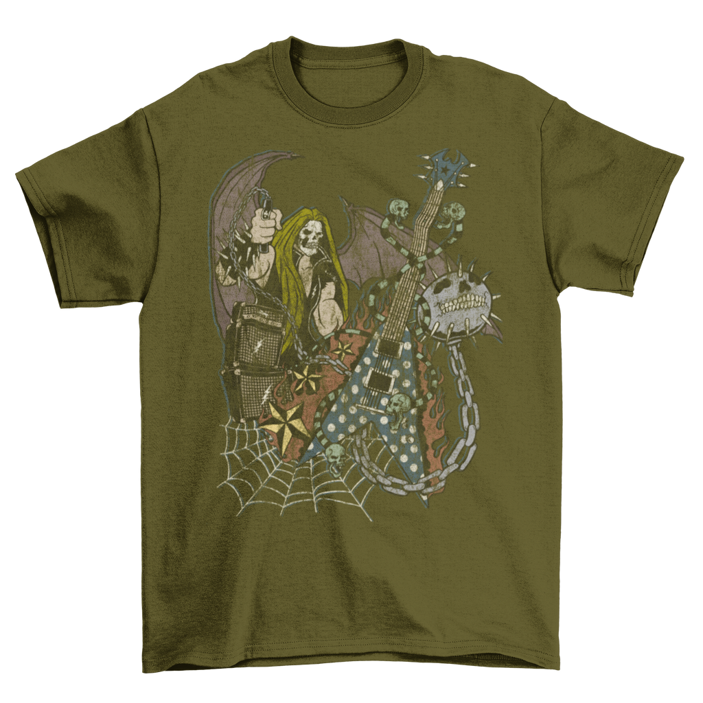 Death Metal Skull Face Guitar Chain Spider Net T-Shirt Taboo