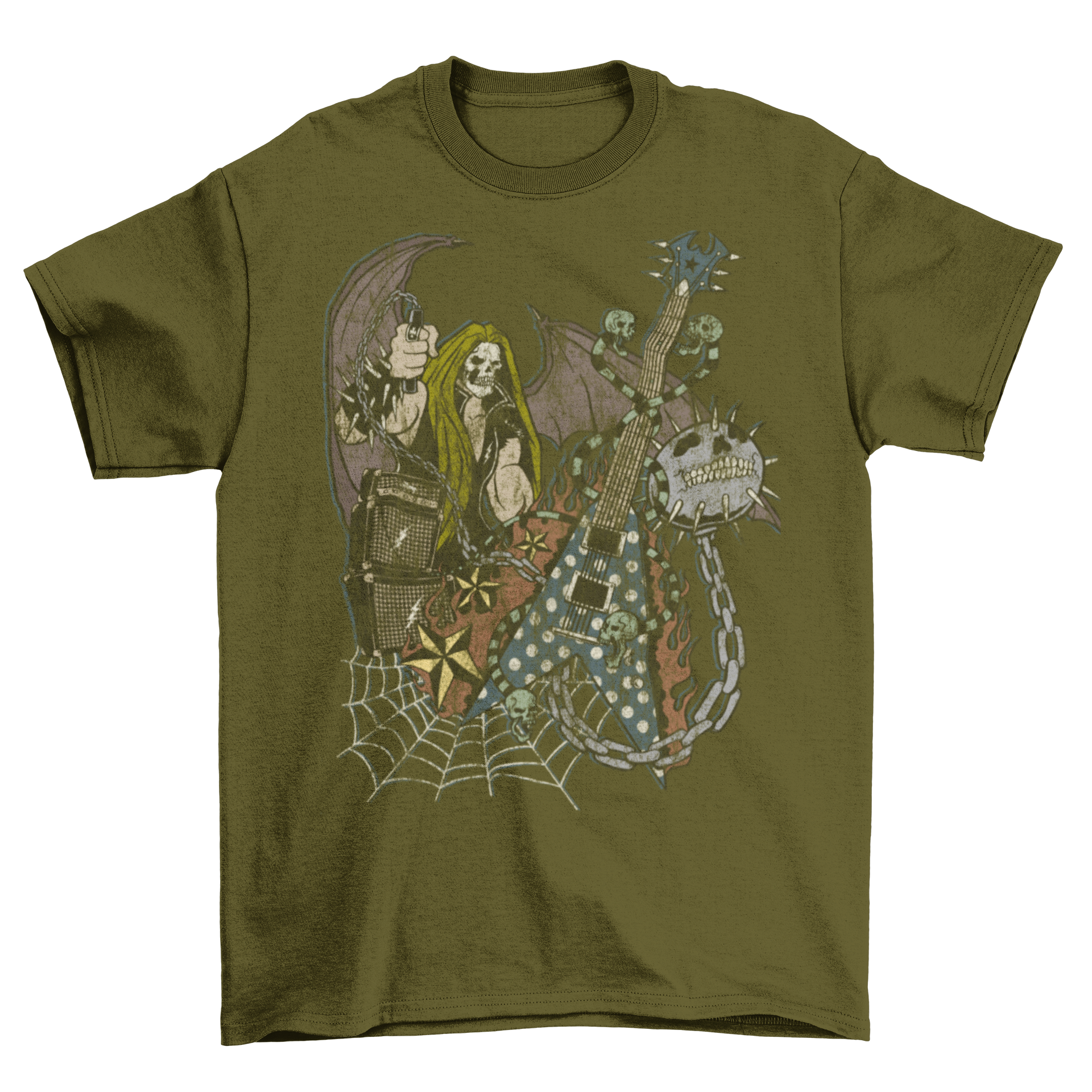 Death Metal Skull Face Guitar Chain Spider Net T-Shirt Taboo