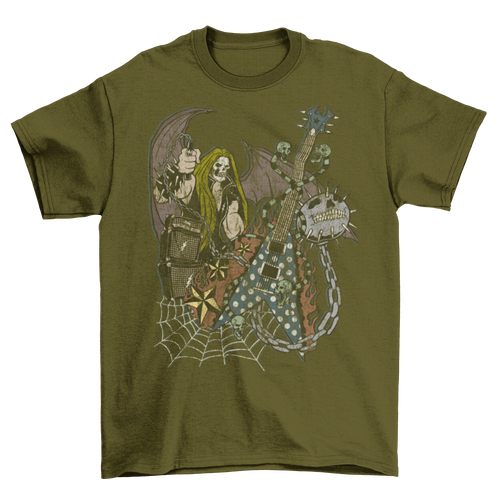 Death Metal Skull Face Guitar Chain Spider Net T-Shirt Taboo