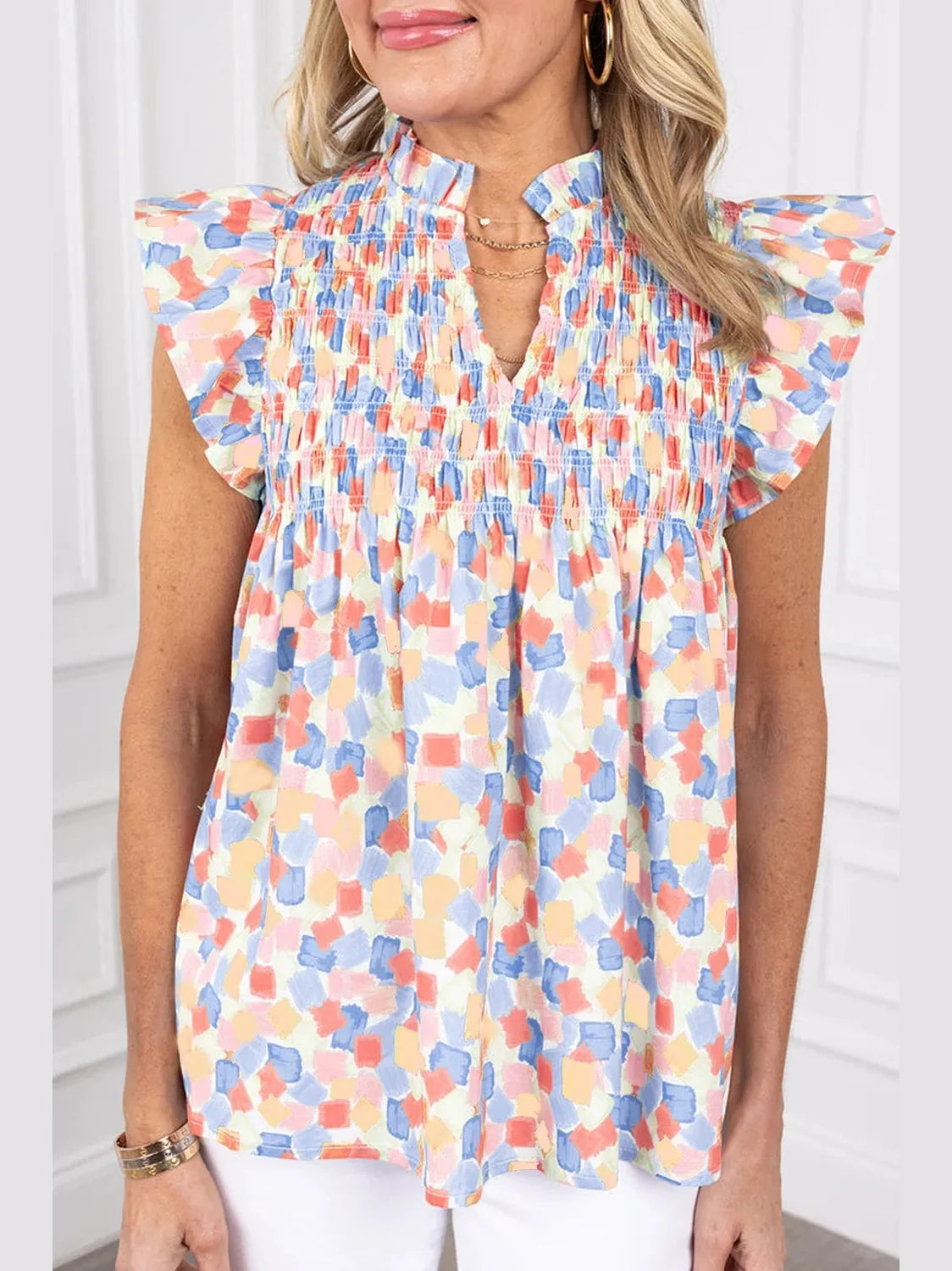 Women Ruffled Printed Notched Cap Sleeve Blouse NicholesGifts