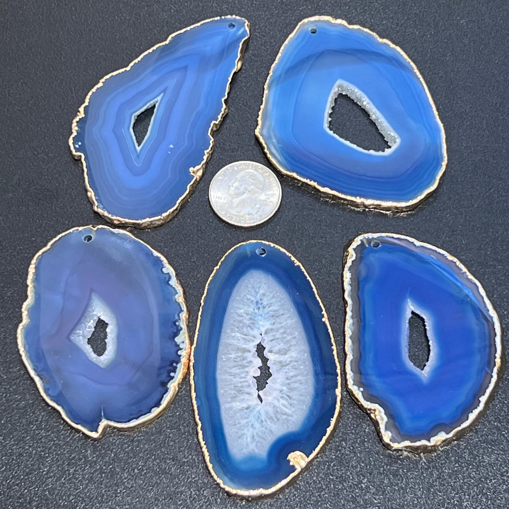 Drilled Hole Blue Agate Slices (2mm Hole)(Gold Plated Edges) Gemstone Decor Craft Supplies Amazing Crystals