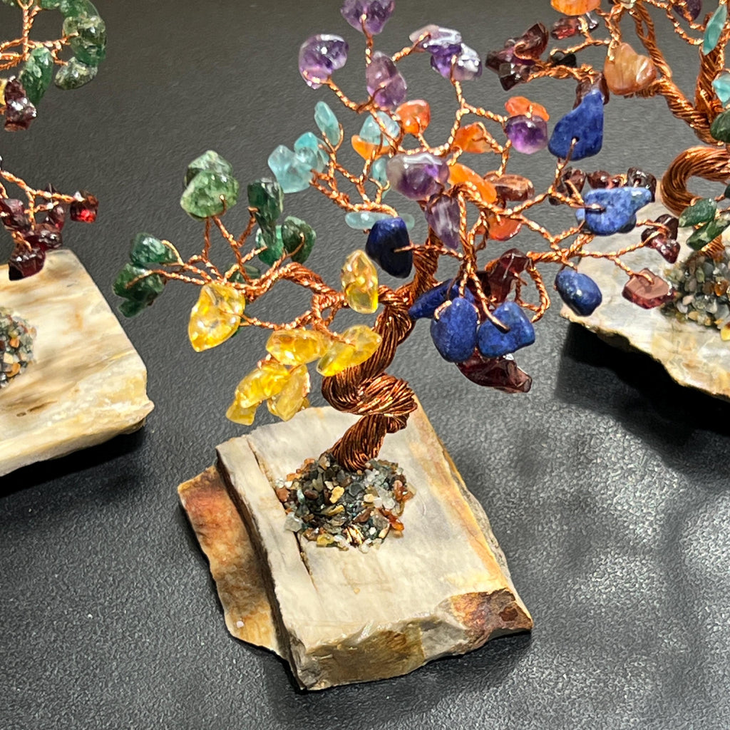 Gemstone Crystal Bonsai Tree (7-Stones)(Petrified Wood Base Carving) Wholesale Amazing Crystals