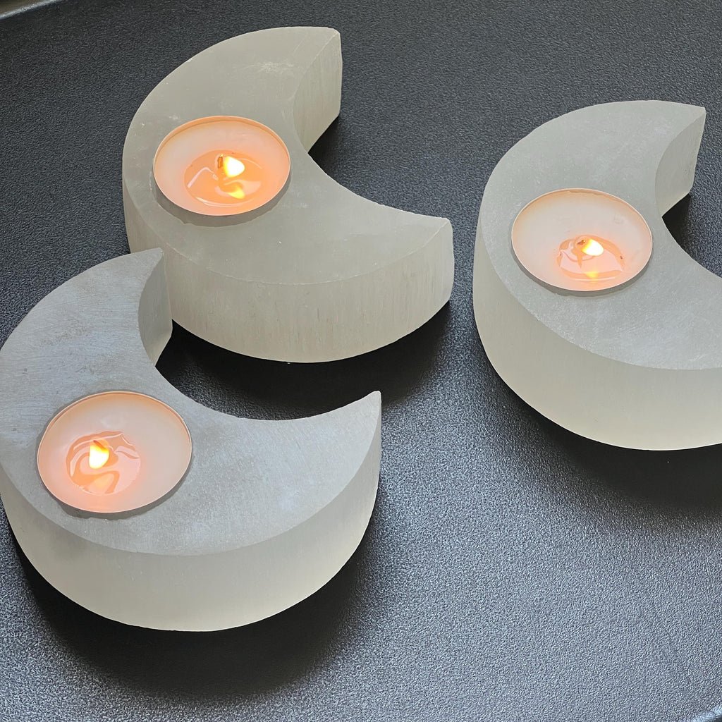 Selenite Satin Spar Crystal Crescent Moon Tealight Candle Carving Amazing Crystals