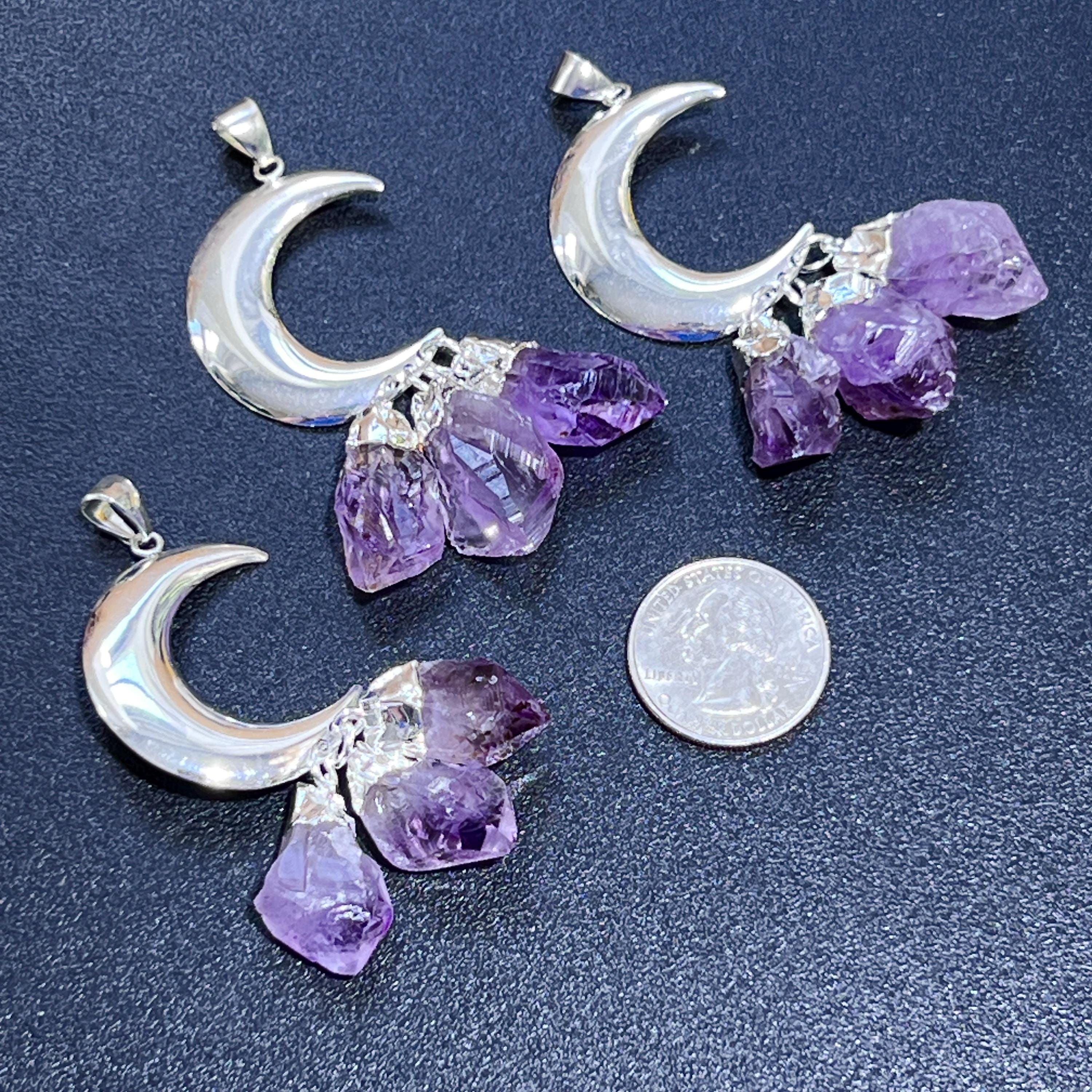 Amethyst Crystal Crescent Moon Pendant (Silver Plated) Amazing Crystals