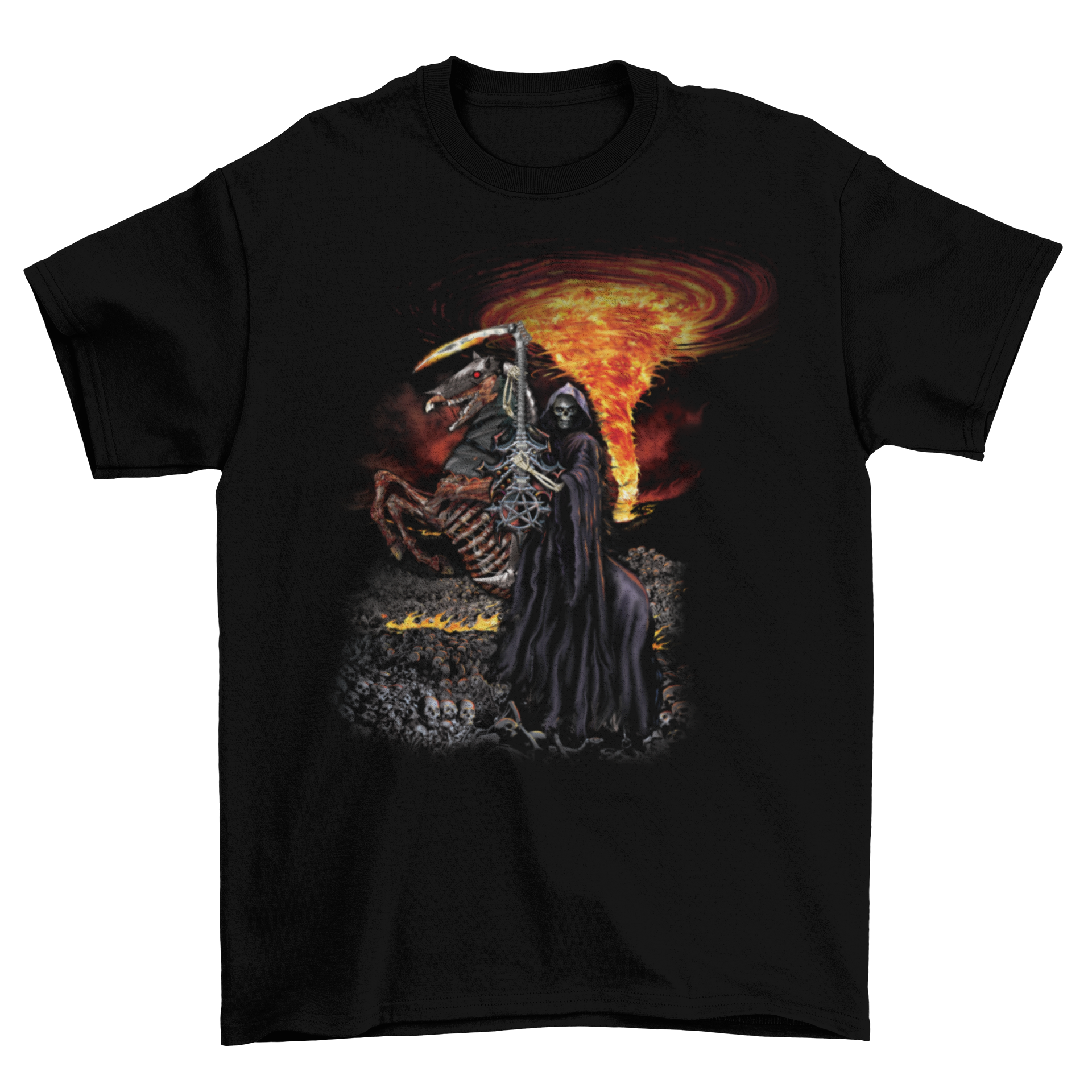 Msstzblkfz T-Shirt - Skeleton Riding Horse w/ Reaper Guitar & Fire Taboo
