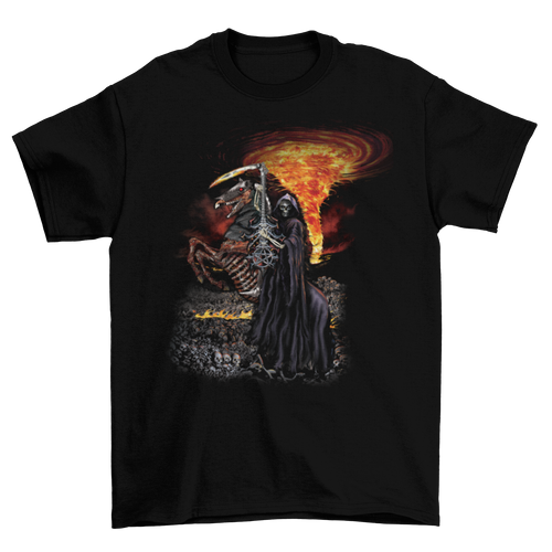 Msstzblkfz T-Shirt - Skeleton Riding Horse w/ Reaper Guitar & Fire Taboo