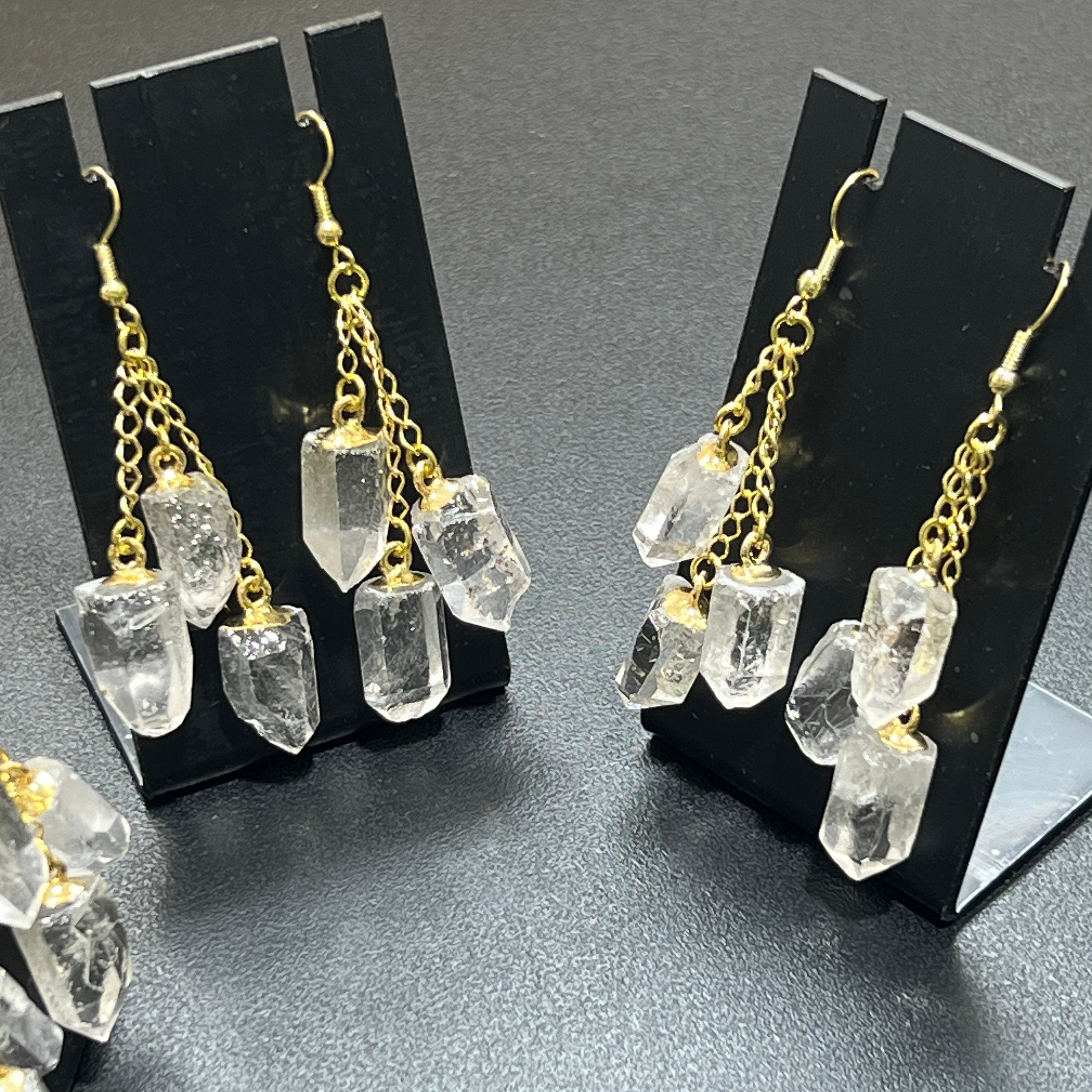 Quartz Triple Crystal Long Earrings Pair (Gold Stainless Hooks) Amazing Crystals