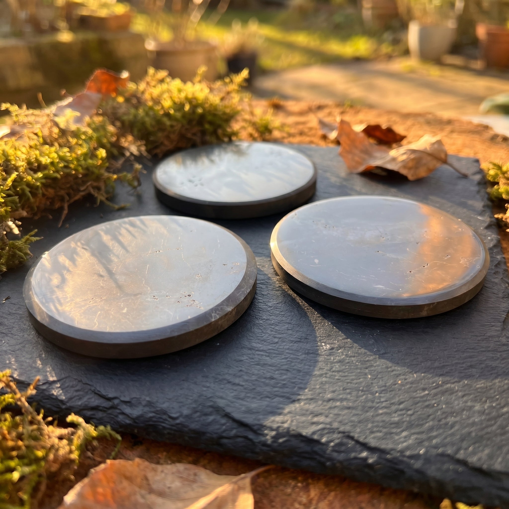 Black Shungite Polished Coaster Carving (3.5 Inch) Amazing Crystals