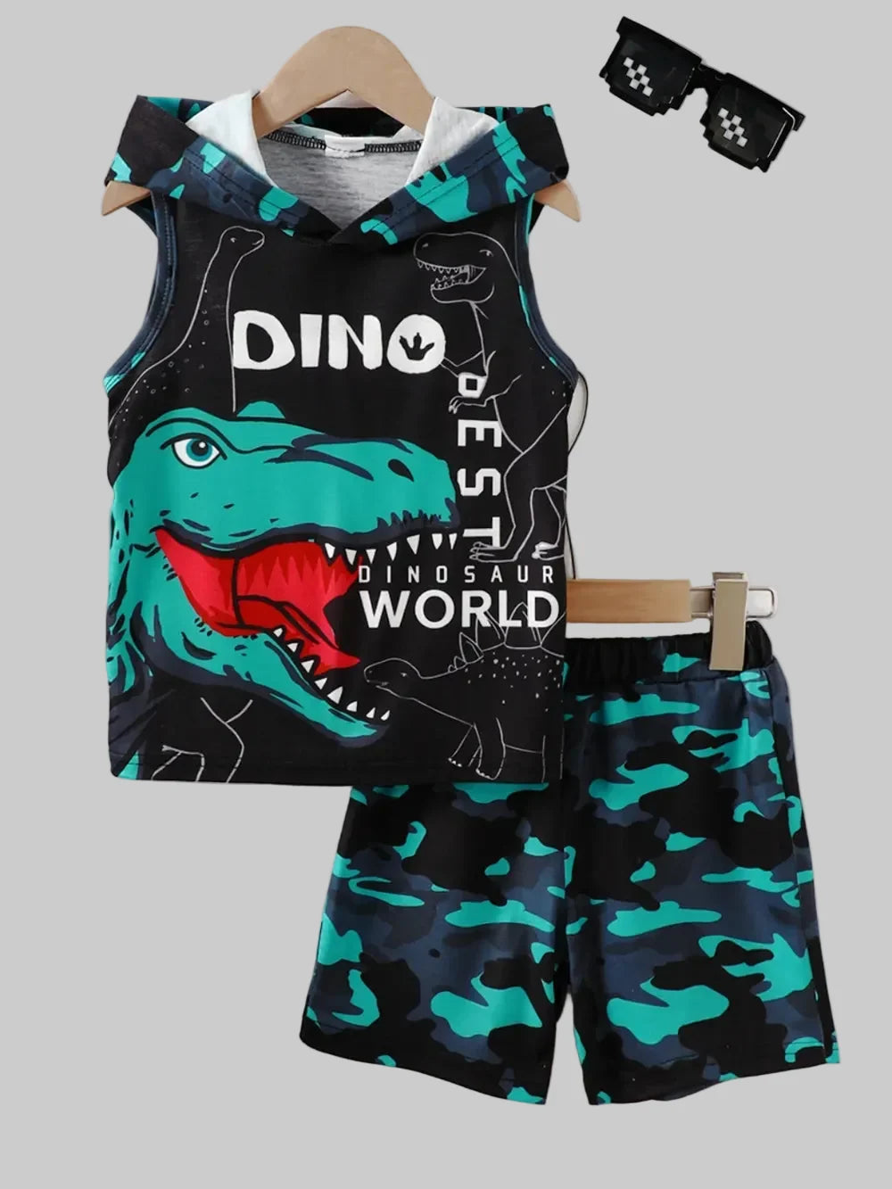 Toddler Boys Dinosaur Sleeveless Hooded Top and Pants Set NicholesGifts