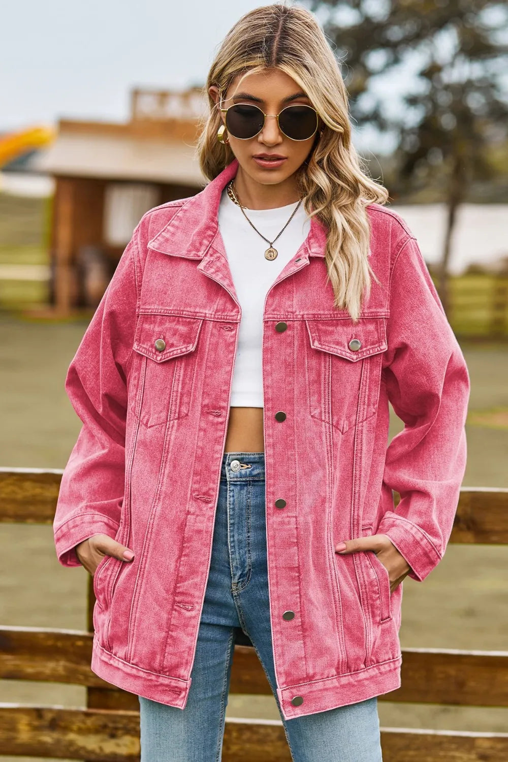 Women Buttoned Collared Neck Denim Jacket with Pockets NicholesGifts