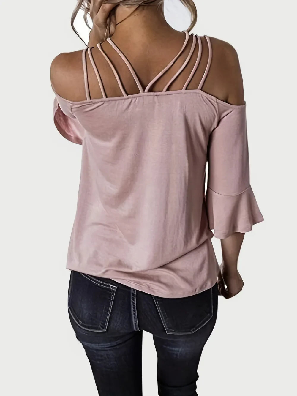 Women Full Size Cold Shoulder Three-Quarter Sleeve Blouse NicholesGifts