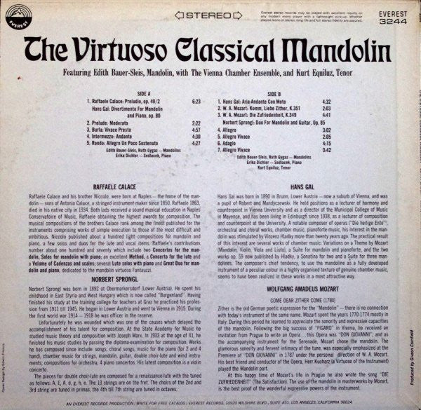 Edith Bauer-Slais With The Vienna Chamber Ensemble - The Virtuoso Classical Mandolin | Very Good Plus (VG+) Very Good Plus (VG+) Love Vinyl Records