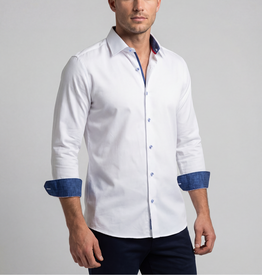 Ron// Cotton Knit-Stretch Button-Up Shirt With Contrast Details // White // Tailored Fit (Fitted) LEVINAS® Official