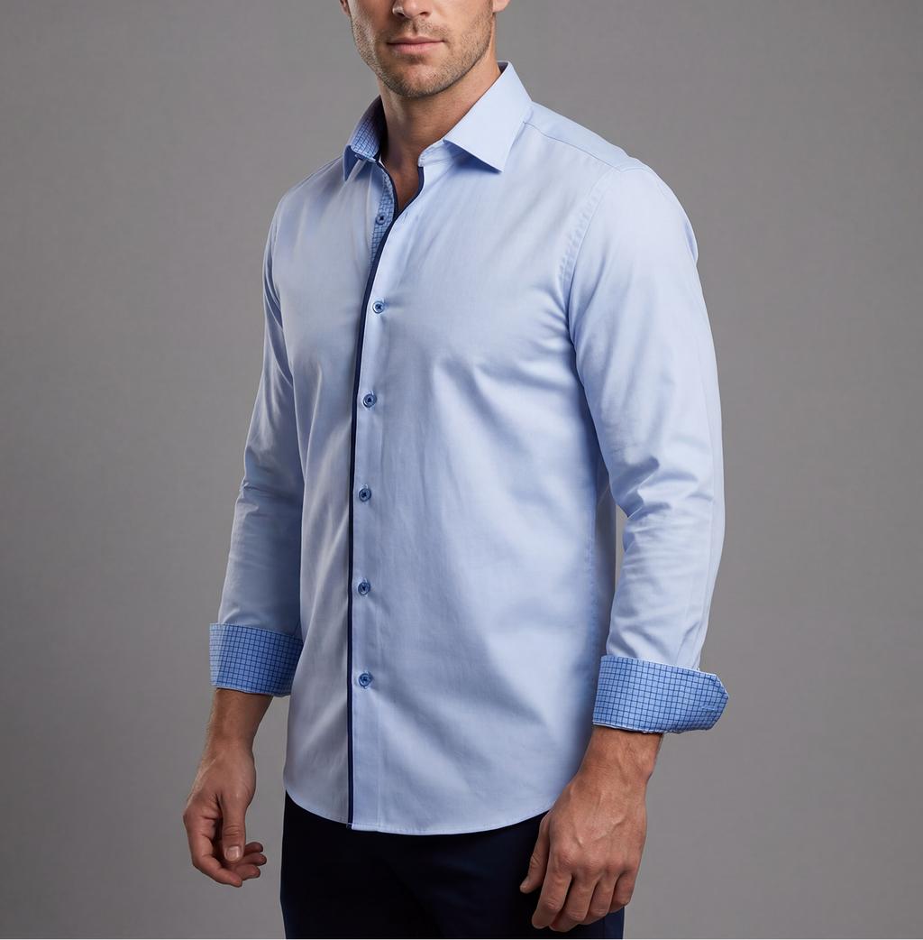 Levy// Cotton Knit-Stretch Button-Up Shirt With Contrast Details // Blue // Tailored Fit (Fitted) LEVINAS® Official
