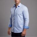 Levy// Cotton Knit-Stretch Button-Up Shirt With Contrast Details // Blue // Tailored Fit (Fitted) LEVINAS® Official