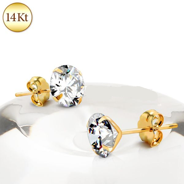 Pair of 14Kt Yellow Gold Clear Round CZ Stud Earrings Fashion Hut Jewelry