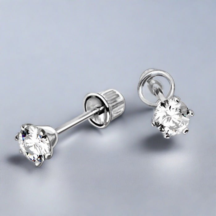 Pair of 14Kt. White Gold Round CZ Earring with Screw Back Fashion Hut Jewelry