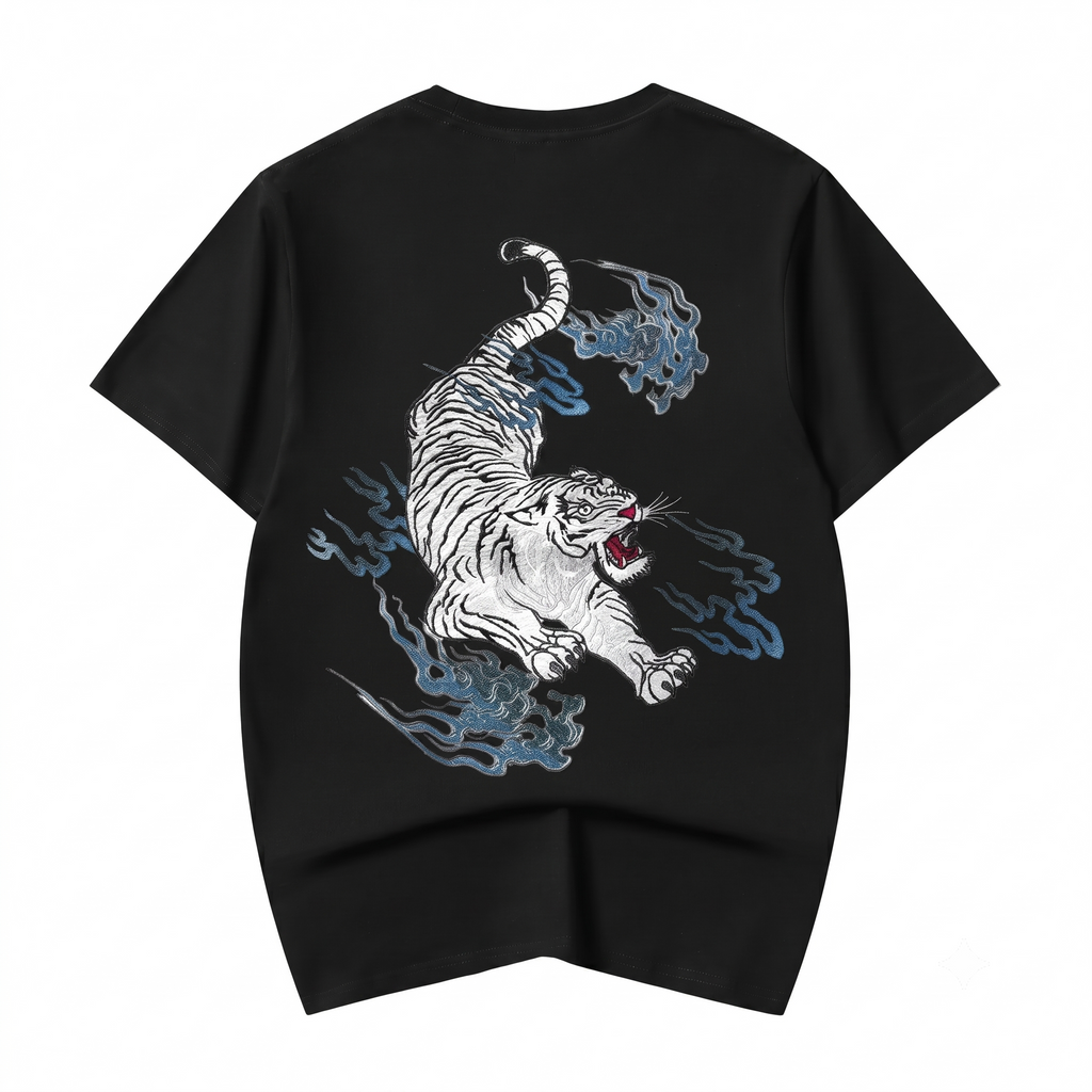 ET9817 Flaming White Tiger Embroidered Tee Niepce