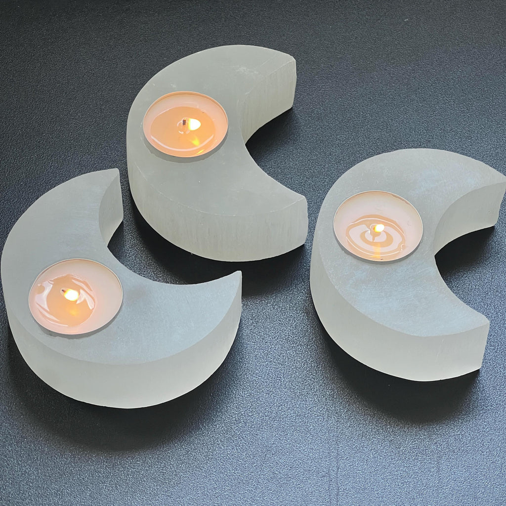 Selenite Crystal Crescent Moon Tealight Candle Carving Gemstone Home Decor Amazing Crystals