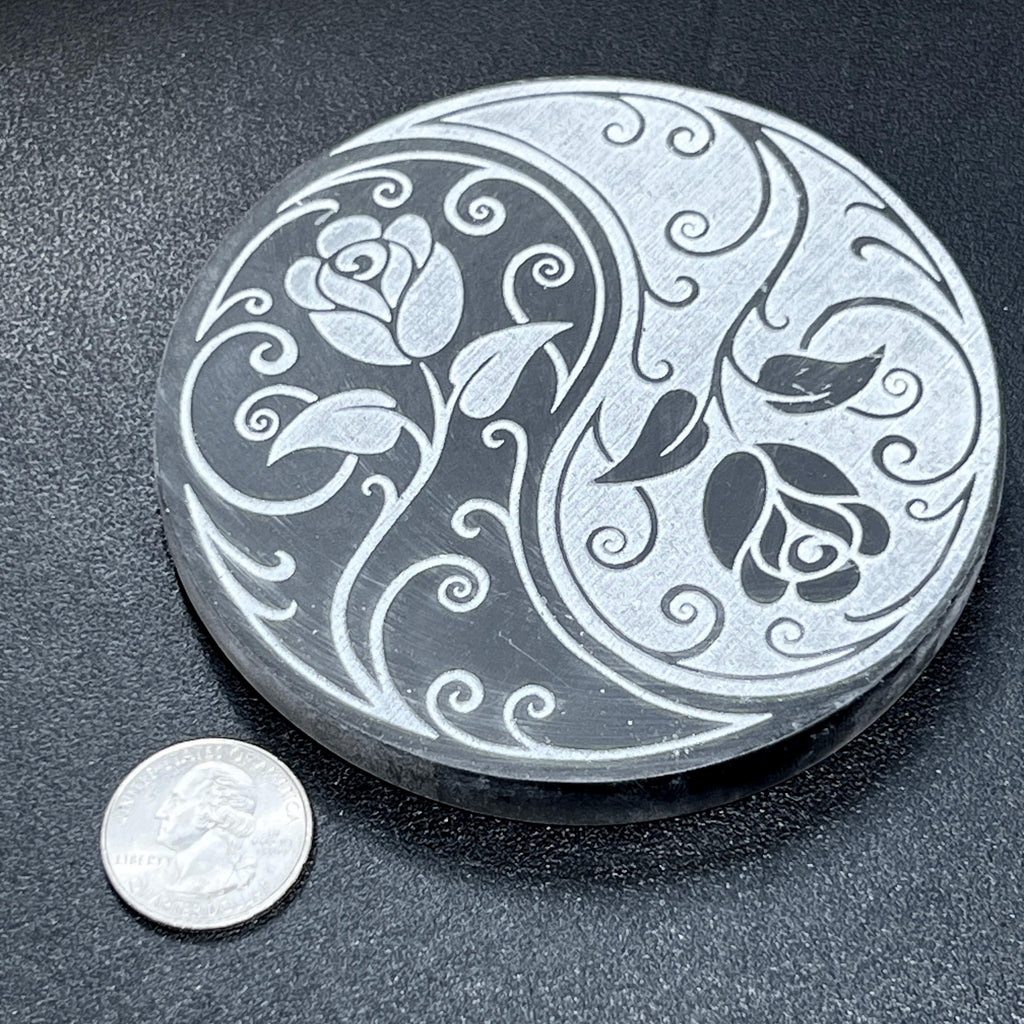 Selenite Crystal Circle Plate (Rose Yin Yang Engraved)(4 Inch) Gemstone Decor Carving Supply Amazing Crystals