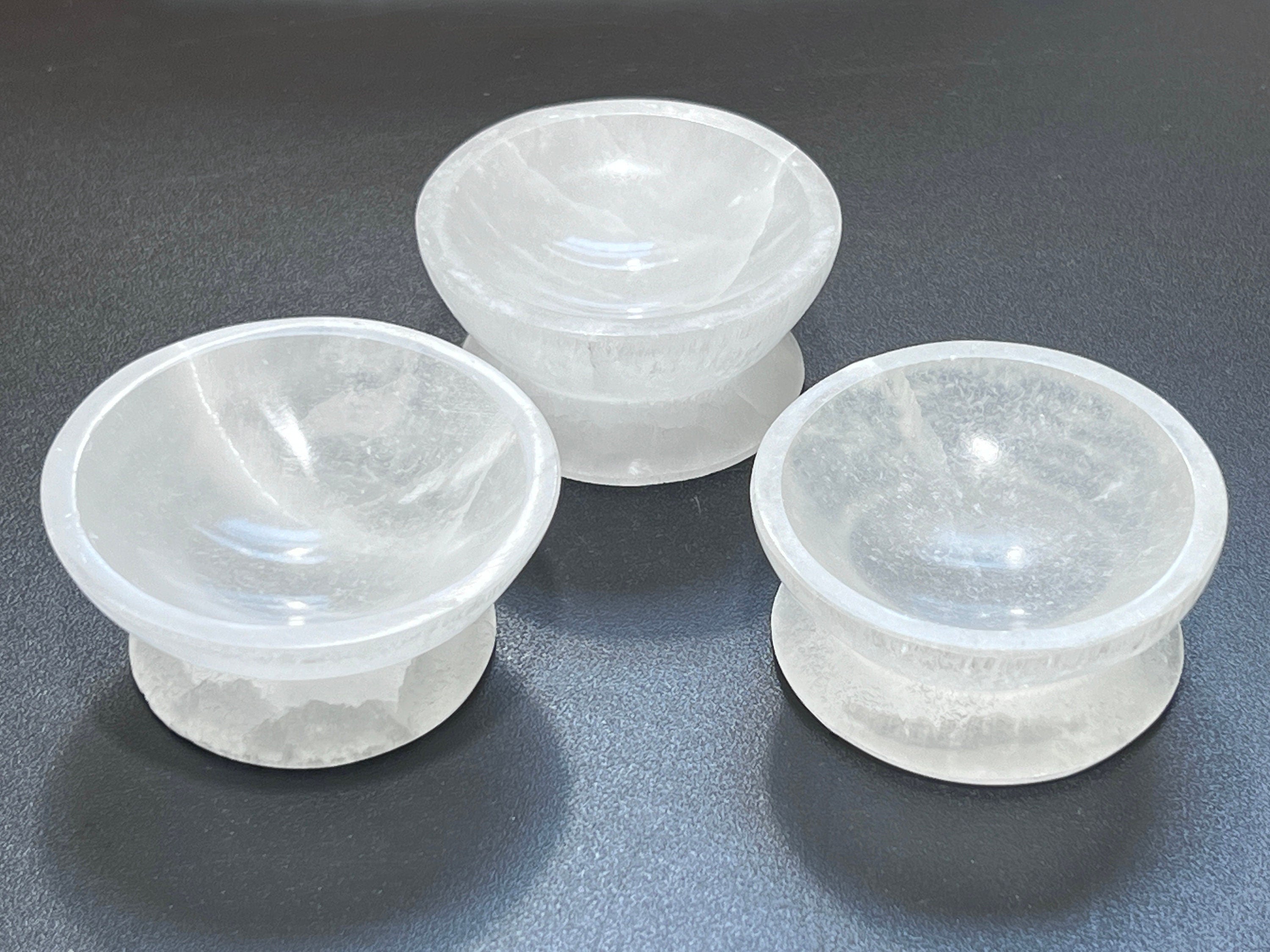 Selenite Crystal Bowl with Pedestal Carved Gemstone Polished Footed Stone Dish Amazing Crystals