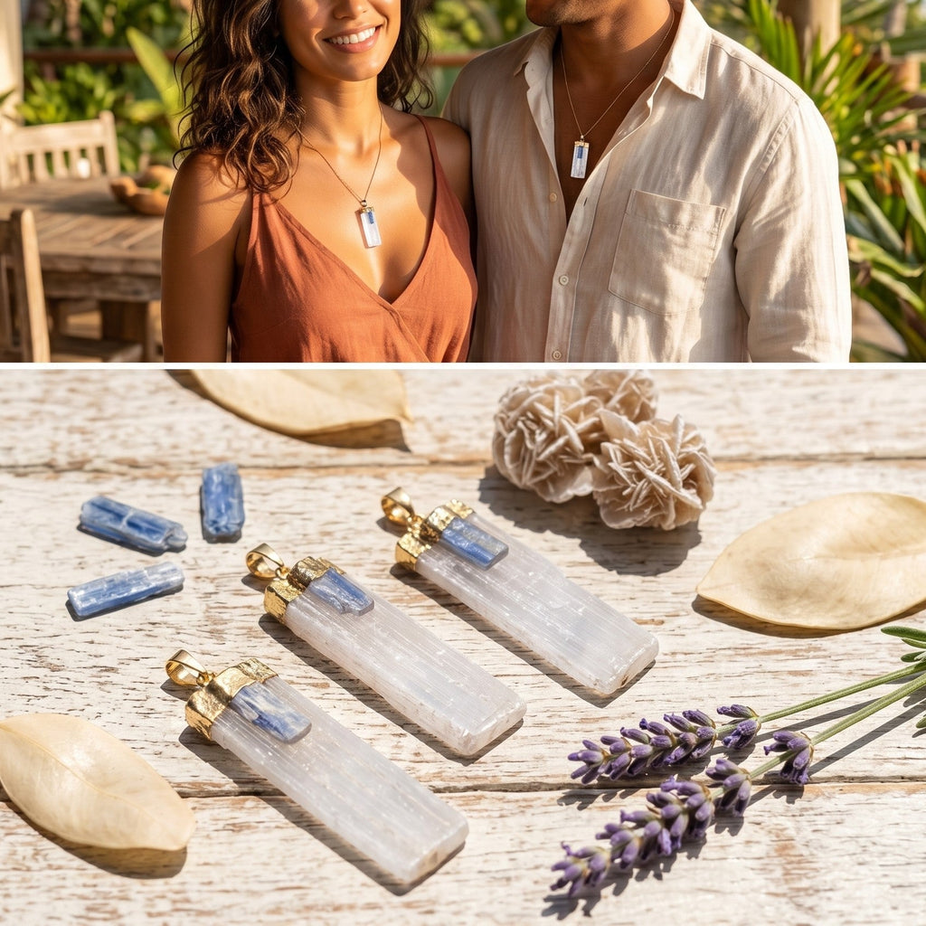 Selenite Kyanite Crystal Pendant (Gold Plated) Amazing Crystals